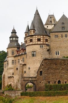 an old castle with two towers and several windows on the top floor is surrounded by greenery