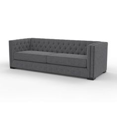 a gray couch with buttons on the back and arm rests against a white background,