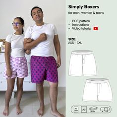 SEWING PATTERN: SIMPLY BOXERS Our "Simply Boxers" PDF sewing pattern is an essential part of our "As Good As Free" campaign. At its low cost, you can't go wrong by choosing it to create comfortable and cheerful boxer shorts. This unisex pattern is available in a wide range of sizes, allowing you to sew for your teen, husband, and yourself. It offers two length options: shorts and Bermuda length. You can choose to sew the advanced version with a real mock fly and a clean waistband finishing without visible seams, or the beginner version with the faux mock fly and an easy waistband attachment. These boxers can be used as underwear, sleepwear, or loungewear, depending on the chosen fabric. This pattern makes creating these versatile boxers pretty easy. The pattern instructions and YouTube vid Boxer Shorts Sewing Pattern Free, Boxer Pattern, Boxer Shorts Pattern, Boxers Men, Boxer For Men, Long Johns, Boxer Shorts, Pdf Sewing Patterns, Patterned Shorts