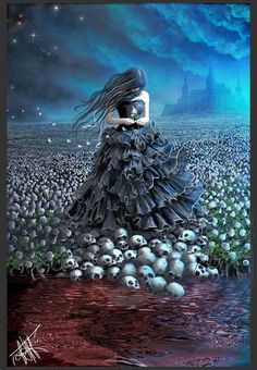 a painting of a woman in a black dress with skulls around her and the sky full of stars