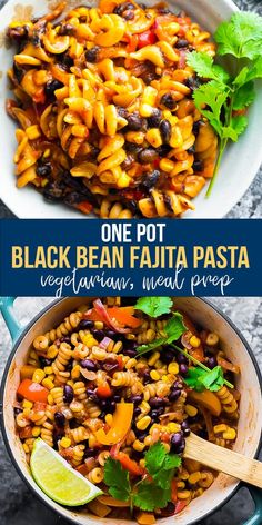 one pot black bean pasta with vegetables and meat prepped in a skillet on the side