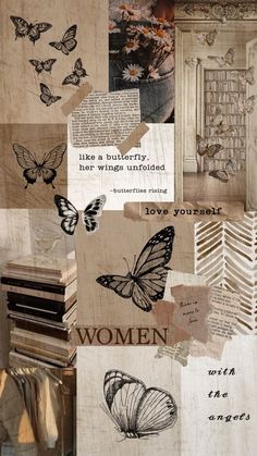 a collage of different images with words and butterflies on them, including the word women