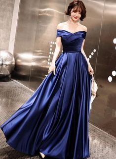 Elegant Off The Shoulder Dress, Midnight Blue Dress Long Evening Gowns, Formal A-line Ball Gown, Fitted A-line Prom Gown, Blue Fitted A-line Bridesmaid Dress, A-line Dress For Prom Banquet, A-line Gown For Banquet And Prom Season, A-line Gown For Banquet During Prom Season, A-line Gown With Sweep Train For Banquet