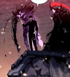 an anime scene with two men standing on top of a rock