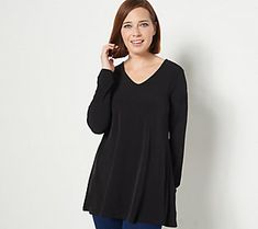 Crafted with smooth-as-butter Liquid Knit®, this tunic top flares to an A-line bottom opening, giving you plenty of movement and swing with every step. Pair it with jeans or leggings, for a daily-wear vibe. From Susan Graver. White Sweater Cardigan, Poncho Tops, Velvet Blouses, Susan Graver, Knit Tunic, Tunic Length, Long Blouse, Stretch Lace, Embroidered Top