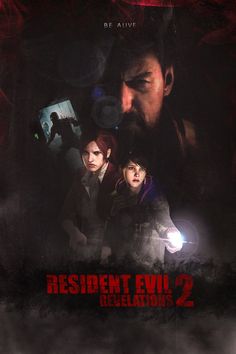 the poster for resident evil 2, which features two people in front of a dark background