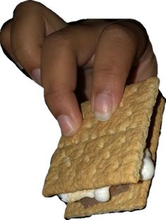 a hand holding a graham cracker sandwich with marshmallows