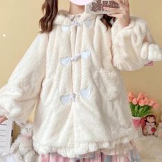 Cute Hooded Outerwear, White Kawaii Hoodie Outerwear, White Kawaii Outerwear For Winter, Cute Cream Outerwear, Kawaii Fleece Sweatshirt For Winter, Cute Cream Long Sleeve Outerwear, Cute Winter Hoodie, Cute Hooded Fleece Outerwear, Cute Fleece Outerwear For Winter