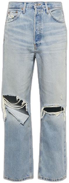 High Rise Distressed Cropped Jeans For Streetwear, Faded Ripped Rigid Denim Jeans, Spring Straight Leg Deconstructed Jeans, Faded Ripped Jeans In Rigid Denim, Spring Deconstructed Straight Leg Jeans, Distressed Straight Leg Cropped Jeans For Streetwear, Streetwear Cutoff Jeans, Straight Leg Cotton Jeans With Holes, Cutoff Jeans For Streetwear With Five Pockets