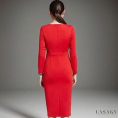 Lasaky - Long Sleeve Pencil Skirt Bodycon Dress in Vibrant Red Red Sheath Bodycon Dress For Office, Red Midi Length Bodycon Dress For Office, Red Midi Bodycon Office Dress, Red Midi Bodycon Dress For Office, Red Knee-length Bodycon Dress For Work, Red Midi Dress Bodycon, Elegant Bodycon Dress, Red Sheath Dress, Bridal Gowns Vintage