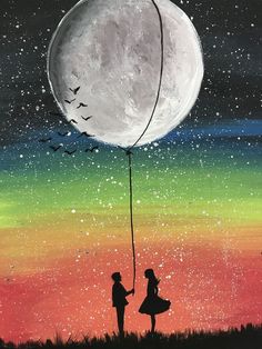 a painting of two people standing under a full moon with a string attached to it