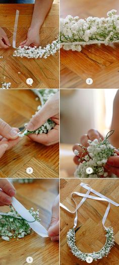 step by step instructions on how to make a flower crown with baby's breath