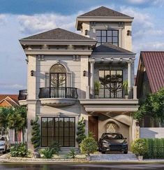 a car is parked in front of a two story house