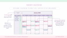 a pink and green calendar with the words smart calendar written in bold font on it