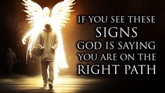 a man walking down a street with an angel on his back and the words if you see these signs god is saying, you are on the right path