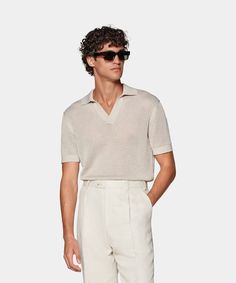 Off-White Ribbed Buttonless Polo in Californian Cotton & Mulberry Silk | SUITSUPPLY US Mens Cashmere, Long Sleeve Polo Shirt, Long Sleeve Polo, Mulberry Silk, Polo Shirts, Cotton Silk, Mens Polo, Knitwear, Perfect Fit