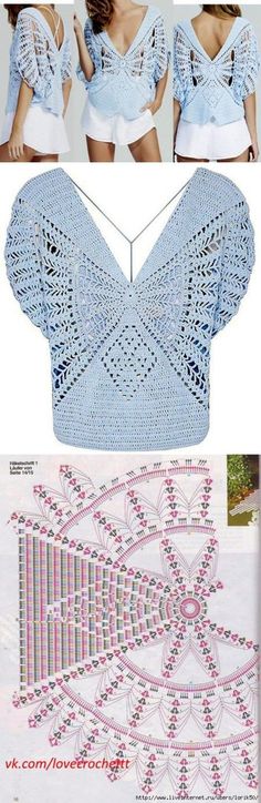 the crocheted top is shown in blue and pink, with an intricate design on it