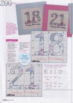 two cross stitch birthday cards with numbers and the number one on each card is shown