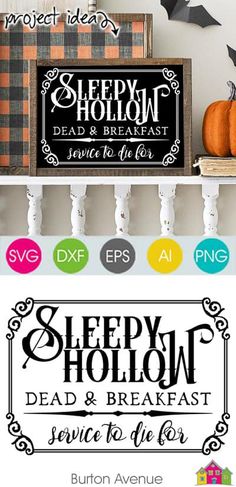 a sign that says sleepy hollow, sleep and breakfast on the shelf next to some pumpkins