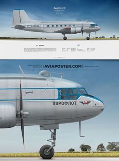 an airplane is shown in three different views