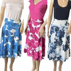 This tango skirt is made in a textured jersey in three different floral designs.  It has a side split at the front and the length graduates downwards towards a longer point at the back. A very full skirt which hangs and flows beautifully Measurements  One available in bright blue in extra small size only Waist 60-76cm  Hips up to 98cm Length at front 66cm Length at back 73cm One available in Navy and white in small to medium size only Waist 64-86cm  Hips up to 100cm Length at front 72cm Length a Floral Print Stretch Maxi Skirt, Stretch Floral Flared Skirt, Long Stretch Skirt With Floral Print, Stretch Long Skirt With Floral Print, Floral Print Stretch Midi Skirt, Floral Print Fitted Flared Maxi Skirt, Floral Print Stretch Flared Skirt, Tango Skirt, Hip Ups