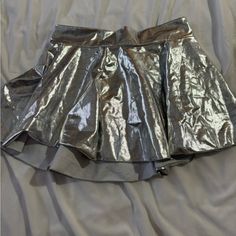 This Is So Cute Worn Once Its Comfy And Looks Brand New Trendy Fitted Silver Skirt, Trendy Silver Skirt For Party, Trendy Silver Party Skirt, Silver Fitted Bottoms For Club, Fitted Silver Bottoms For Club, Fitted Silver Skirt For Summer, Shiny Metallic Skirt For Summer, Fitted Silver Skirt For Club, Shiny Silver Skirt For Summer