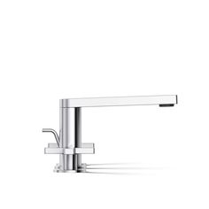 a chrome faucet on a white background with shadows in the foreground and below it