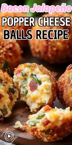 bacon jalapeno popper cheese balls recipe on a cutting board with the words bacon jalapeno popper cheese balls