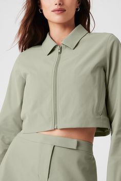 Cropped High Speed Jacket - Limestone Alo Yoga Fall Outerwear For Work, Alo Yoga Fall Workwear Outerwear, Alo Yoga Long Sleeve Workwear Outerwear, Alo Yoga Long Sleeve Outerwear For Work, Alo Yoga Long Sleeve Spring Outerwear, Sleek Cropped Outerwear For Work, Spring Casual Alo Yoga Outerwear, Alo Yoga Casual Spring Outerwear, Casual Alo Yoga Spring Outerwear