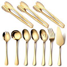 a set of gold colored utensils and spoons