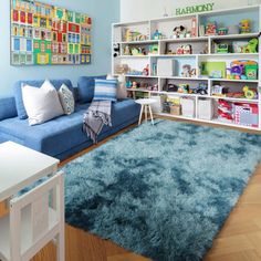 a living room filled with furniture and lots of shelves