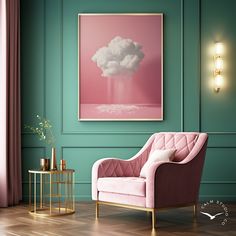 a pink chair sitting in front of a green wall with a cloud painting on it