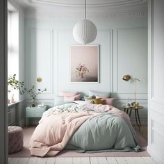 a bedroom with white walls and pink bedding in the corner, along with a painting on the wall