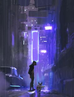 a woman standing in the rain with her dog