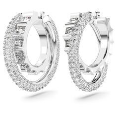 Inspired by the idea of momentum, these striking Rota earrings feature a double-hoop design. Crafted with rhodium plating, a shimmering pavé-set hoop is seamlessly fused together with a ridged hoop set with intricate baguette-cut stones. Choose these Rota hoops when you need a stylish injection of energy. Article no.: 5623483 Collection: Rota Length: 1 inches Width: 1 inches Material: Crystals, Rhodium plated Color: White Weight (individual piece): 0.25 oz Double Hoop Earrings, Crystal Hoop Earrings, Charm Rings, Diamond Shop, Swarovski Earrings, Swarovski Jewelry, Custom Jewelry Design, Bangles Jewelry, Gift Accessories