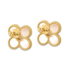 Introducing our exquisite 18K Gold Clover Stud Earrings with Beaded Mother of Pearl Flower—a sophisticated pair meticulously crafted in Italy. These stud earrings combine the timeless elegance of clover motifs with the delicate beauty of Mother of Pearl, creating a piece that radiates opulence and Italian craftsmanship.Premium 18K Gold Construction:Experience the epitome of luxury with our Clover Stud Earrings crafted from genuine 18K gold. The high-quality gold provides a radiant finish, creati Elegant Pierced Yellow Gold Flower Earrings, Elegant Yellow Gold Pierced Flower Earrings, Luxury Yellow Gold Flower Shaped Cluster Earrings, Luxury Mother Of Pearl Flower Earrings, Luxury Yellow Gold Mother Of Pearl Earrings, Elegant Shell-shaped Mother Of Pearl Earrings, Luxury Mother Of Pearl Flower-shaped Jewelry, Luxury Mother Of Pearl Flower-shaped Earrings, Italian Craftsmanship