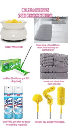 various cleaning supplies including towels, sponges and other household items are shown in this image