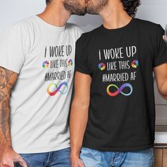 two men kissing each other while wearing matching t - shirts that read i woke up like this married at