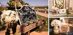 wedding decorations and signs on display at an outdoor venue