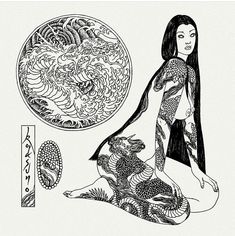 an ink drawing of a woman sitting on the ground next to a dragon and other items