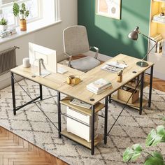 an office with a desk, chair and bookshelf in front of a window