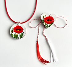 Red Poppies Pendant and Brooch Jewelry Set,  A unique hand painted women accessories jewelry set. A lovely gift idea that can be given to someone dear or for yourself. Hand Painted on wood  3 cm length of brooch and pendant 50 cm length of necklace   Contact me for more information. Thank you for visiting!  God bless! Poppy Necklace, Brooch Jewelry, Original Jewelry, Art Handmade, Red Poppies, Personalized Necklace, Women Accessories Jewelry, Accessories Jewelry, God Bless