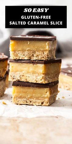 four pieces of gluten - free salted caramel slice stacked on top of each other