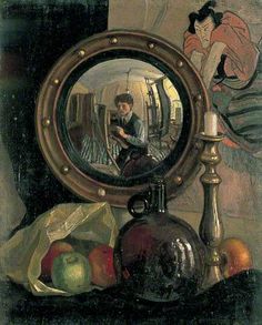 a painting of a woman looking at herself in the mirror with other items around her