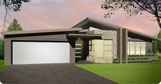 this is a computer rendering of a modern style house with two car garages on the front