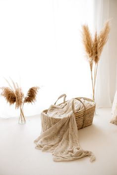 two dried plants and a basket on a white floor next to a window with sheer curtains