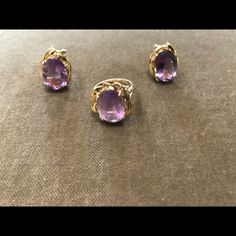 Beautiful Set Of 14 Karat Gold Ring And Earrings Elegant Yellow Gold Cabochon Amethyst Ring, Gold Amethyst Round Earrings, Elegant Gold Amethyst Crystal Earrings, Classic Multi-stone Amethyst Ring In 14k Gold, Yellow Gold Multi-stone Amethyst Earrings, Amethyst Color, Purple Gold, Gold Earrings, Gold Rings