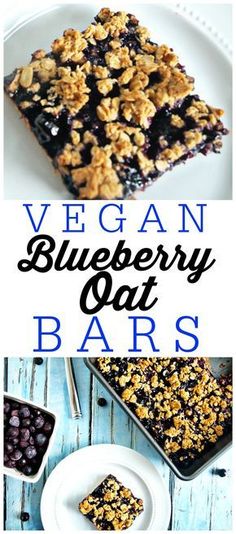 vegan blueberry oat bars on a white plate with the words, vegan blueberry oat bars