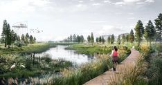 an artist's rendering of a woman walking on a boardwalk next to a lake