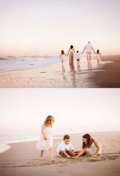 family playing on the beach at sunset and in the water with their children walking by